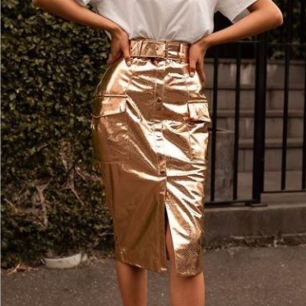 House of CB Kassiana Shimmering Rose Gold Pencil Skirt vegan leather -NWT Size S